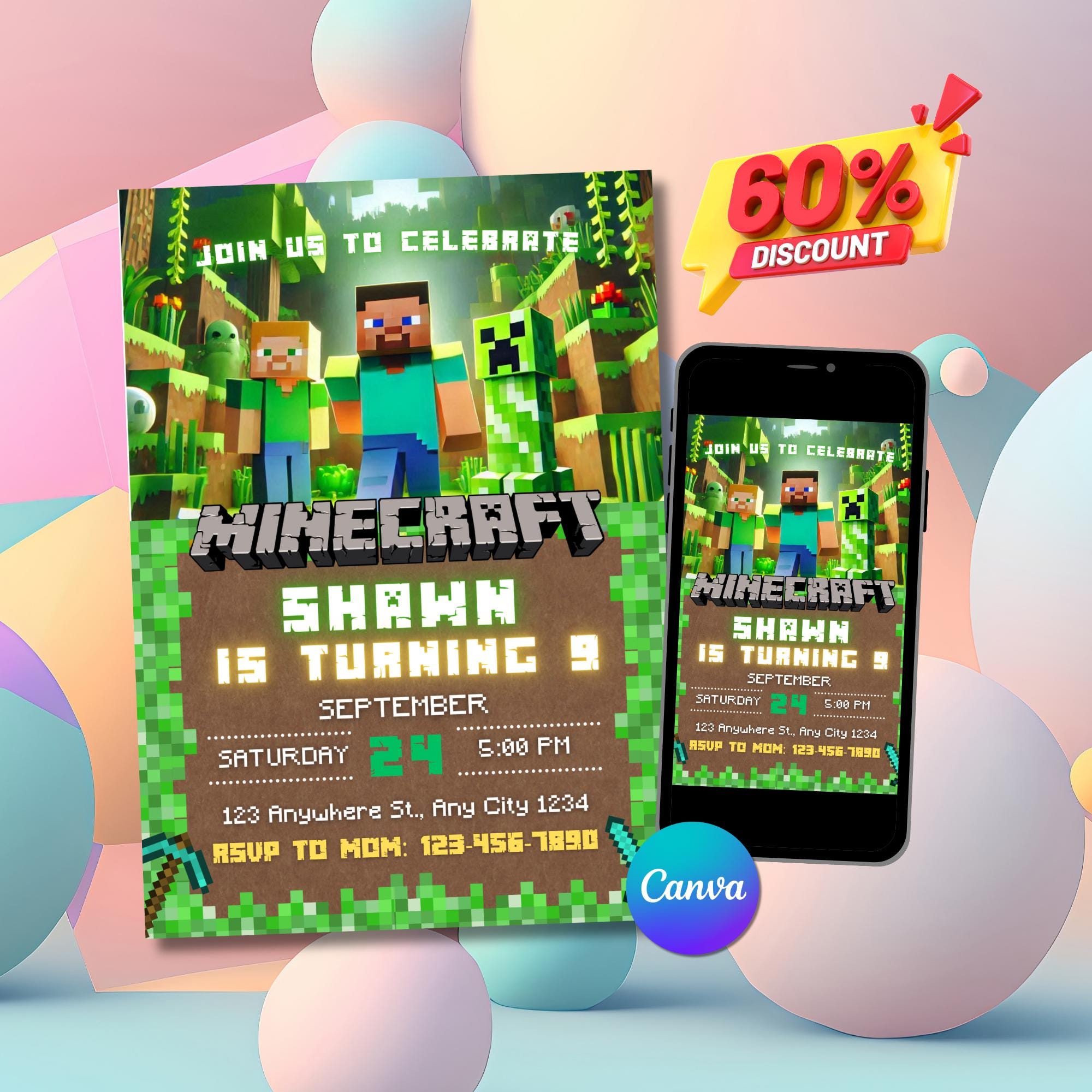 Minecraft Pixel Block Party Invite – PNG + PDF Template