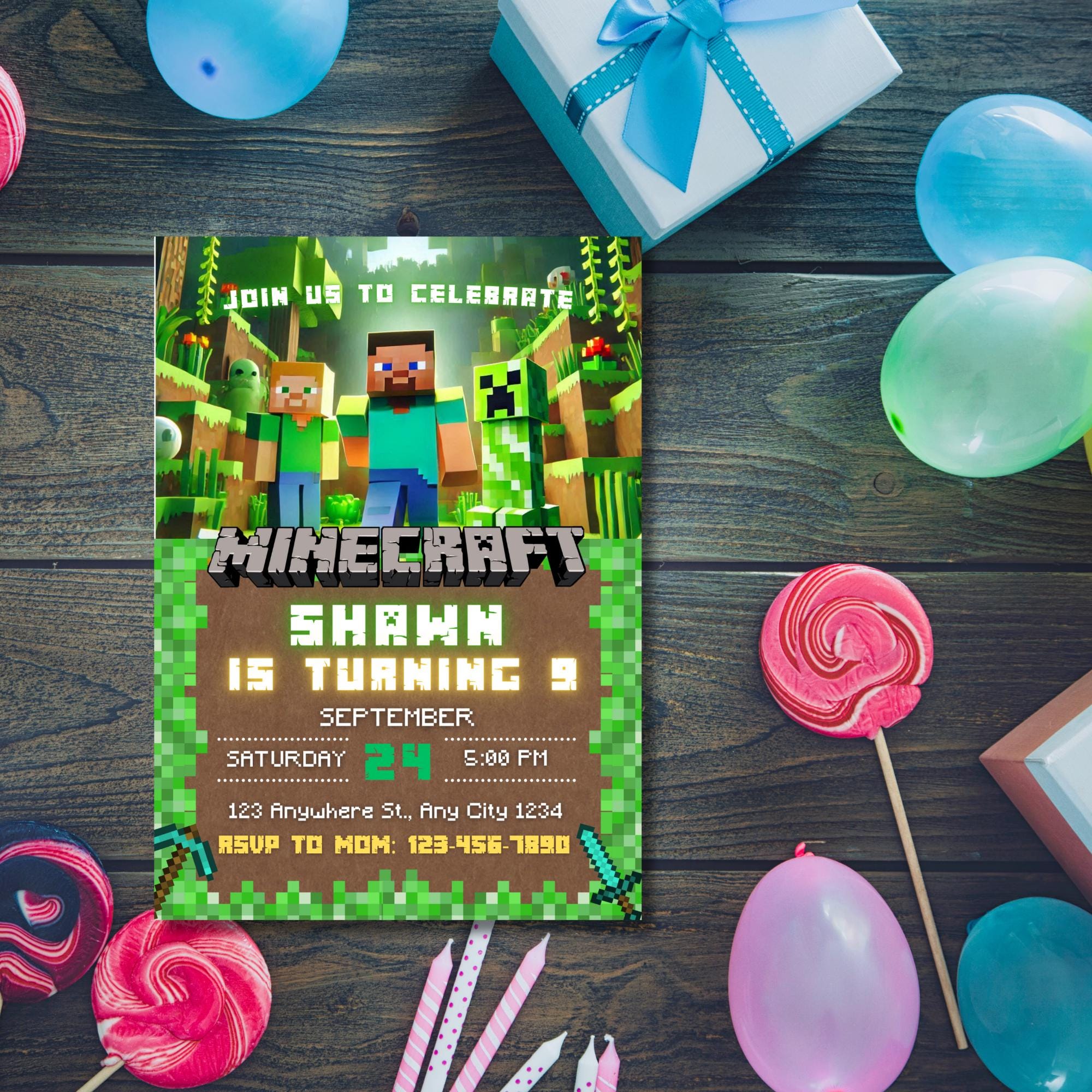 Minecraft Pixel Block Party Invite – PNG + PDF Template