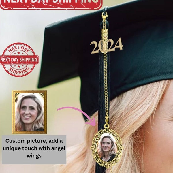 Custom Graduation Tassel Photo Charm With Angel Wings, Memorial Graduation Gift for Her Him, Graduation 2024