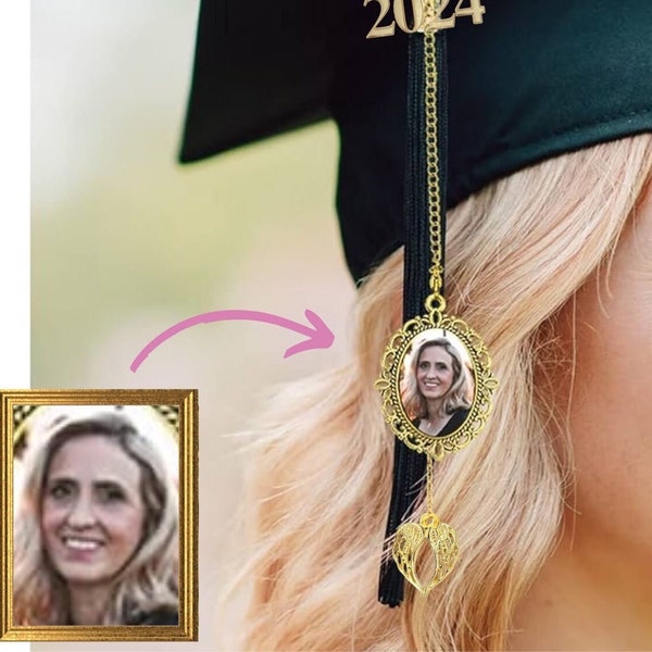 Custom Graduation Tassel Photo Charm With Angel Wings, Memorial Graduation Gift for Her Him, Graduation 2024