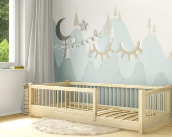 Lit Montessori, Lit pour tout-petits à lattes, Lit au sol, Lit pour enfants, Lit pour enfants, Bett mit Barrieren und Lattenrosten, Lit enfant, Letto per bambini