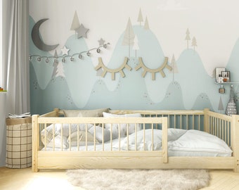 Montessori bed, Peuterbed met lattenbodem, Vloerbed, Kinderbed, Kinderbed, Bett mit Barrieren und Lattenrosten, Lit enfant, Letto per bambini