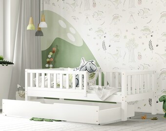 Weißes Kinderbett, Lit enfant blanc, Kleinkindbett mit Schublade, Kinderbett mit Schublade, Lit enfant avec tiroir, Montessori-Bett, Kinderbett