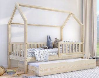 Hausbett mit ausziehbarem Bett, Kleinkindbett mit ausziehbarem Bett, Hausbett mit ausziehbarem, Kinderbett, Lit enfant, Lit cabane avec lit gigogne