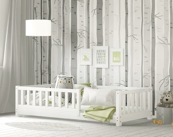 Weißes Kinderbett, Lit enfant blanc, Montessori bed, Kinderbed, Kinderbed, Bett mit Barrieren und Lattenrosten, Lit enfant, Bodenbett