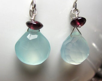 Aqua blue Chalcedony drop earrings with red garnet in sterling silver 925, tear drop handmade earrings