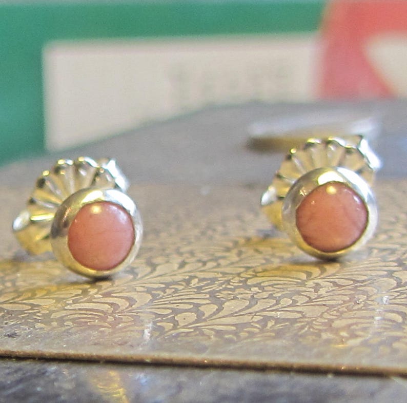 Pink rhodochrosite sterling Silver stud earrings natural gemstones gift for girl and women tiny 4mm round earstuds with cabochons
