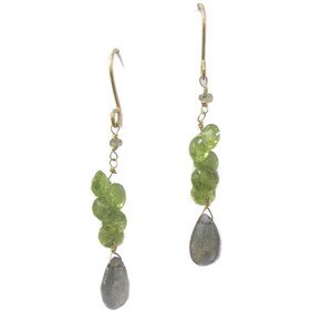 Peridot Earrings with Grey Moonstone in 18K yellow Gold solid gold and peridot jewelry natural gemstones long cocktail earrings image 2