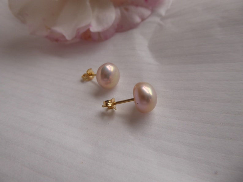 Pink Freshwater Pearls stud earrings in 18ct yellow gold, classic blush pink earrings solid gold, bridal jewelry, gift for her image 6