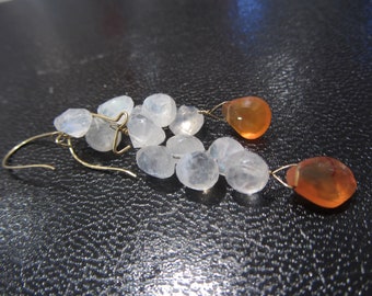 Moonstone earrings in 18K yellow Gold With carnelian - solid gold and moonstone jewelry, natural orange and white  gemstones