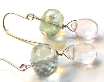 Boucles d'oreilles en argent massif 925 avec fluorite verte et quartz rose - boucles d'oreilles briolettes pastel