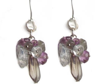 Purple and Brown gemstones cluster earrings with amethyst, smoky quartz and rock crystal in sterling silver 925