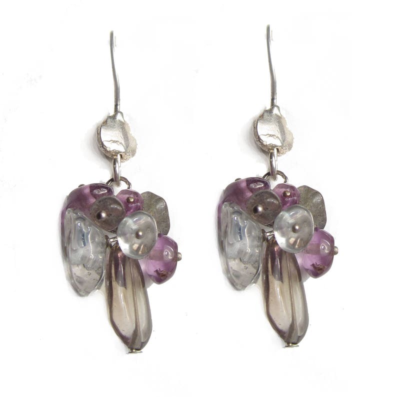 Purple and Brown gemstones cluster earrings with amethyst, smoky quartz and rock crystal in sterling silver 925 image 1