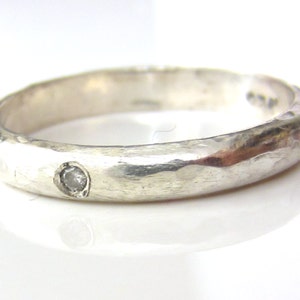 Diamond ring for men and women, textured Sterling silver wedding ring, rustic diamond solitaire, recycled silver image 2