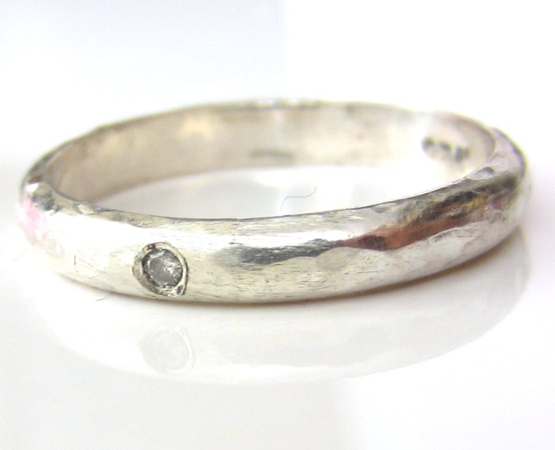 Diamond ring for men and women, textured Sterling silver wedding ring, rustic diamond solitaire, recycled silver image 2