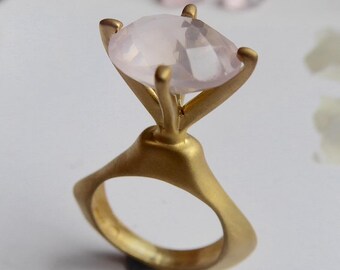 Large organic 18K 18ct gold vermeil statement ring with light pink rose quartz gemstone, as seen in Gay Time Magazine & influencers freepost