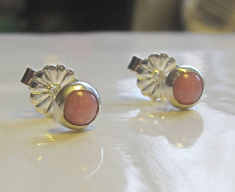 Pink rhodochrosite sterling Silver stud earrings natural gemstones gift for girl and women tiny 4mm round earstuds with cabochons