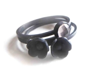 A set of 3 minimalist rings handcrafted in oxidised silver with a rose cut rose quartz gemstone, stacking Rings black finish - recycled