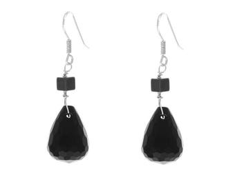 Black onyx teardrop and hematite sterling silver earrings - statement earrings, faceted black onyx jewelry - handmade jewellery, geometric