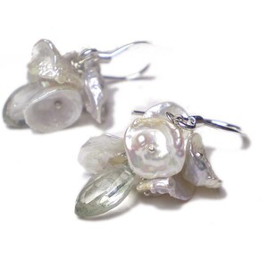 YUMIKO Sterling silver white keshi pearls Earrings with light green prasiolite gemstones , drop earrings with natural pearls image 3