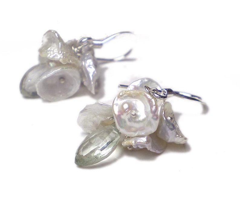 YUMIKO Sterling silver white keshi pearls Earrings with light green prasiolite gemstones , drop earrings with natural pearls image 3