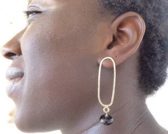 Long Earrings in recycled sterling silver 925 with black onyx gemstones, handmade dangle earrings