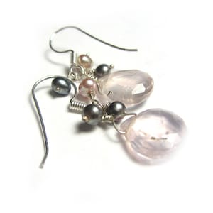 Boucles d'oreilles en argent avec quartz rose et perles de culture image 1