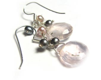 Powder Pink Rose Quartz and Grey Pearls Earrings - natural cultured pearls, handcrafted in sterling silver 925