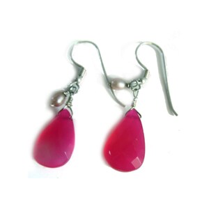 Hot Pink chalcedony sterling silver Earrings, Fuchsia pink gemstones teardrop earrings with soft pink freshwater pearls, colour of the year image 2