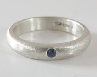 Brushed Silver Wedding Band with a solo Blue Sapphire, sterling silver ring blue gemstone for men women, promise commitment gift Valentine