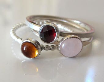 Garnet, Citrine, Rose quartz cabochon stacking rings