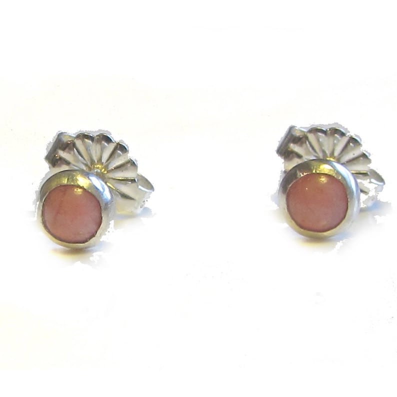 Pink rhodochrosite sterling Silver stud earrings natural gemstones gift for girl and women tiny 4mm round earstuds with cabochons