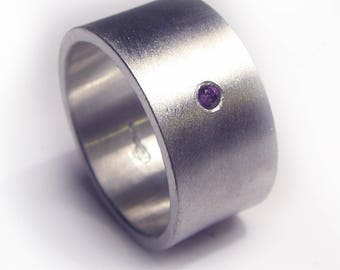 Wide Sterling silver Flat Band with a purple Amethyst, large silver band with single genstone, wedding band for him and her