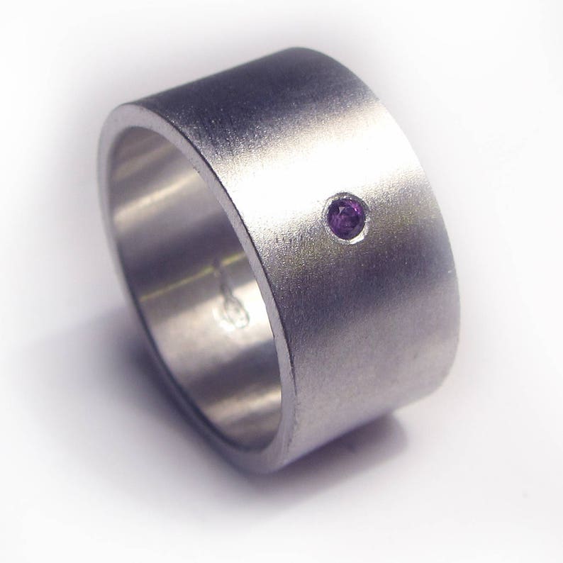 Wide Sterling silver Flat Band with a purple Amethyst, large silver band with single genstone, wedding band for him and her image 1