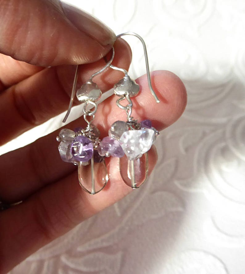 Purple and Brown gemstones cluster earrings with amethyst, smoky quartz and rock crystal in sterling silver 925 image 3