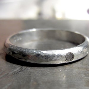 Diamond ring for men and women, textured Sterling silver wedding ring, rustic diamond solitaire, recycled silver image 1