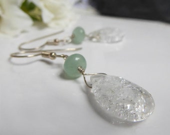 Boucles d'oreilles en argent massif , cristal de roche et serpentine vert d'eau, boucles pendantes avec pierres fines