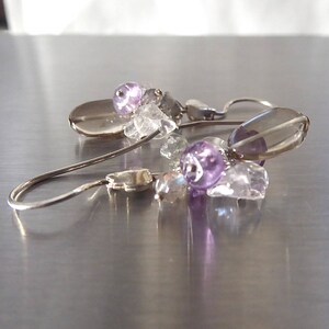 Purple and Brown gemstones cluster earrings with amethyst, smoky quartz and rock crystal in sterling silver 925 image 2