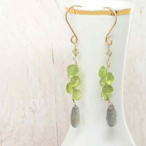 Peridot Earrings with Grey Moonstone in 18K yellow Gold solid gold and peridot jewelry natural gemstones long cocktail earrings image 1