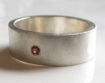 Solitaire garnet male silver band, mate silver ring, wedding ring for men, promise ring, red garnet ring, January birthstone garnet jewelry