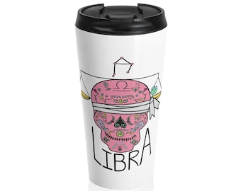 Libra Skull Scorpio Travel Mug | Zodiac Scorpio Thermos | Purple Day of the Dead Scorpion