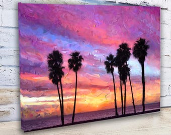 Atardecer vibrante con palmeras en Venice Beach. ENVÍO GRATIS. Estilo gráfico al óleo y fino. Tamaños: 8 x 12, 16 x 24, 24 x 36 con borde de 1,5".