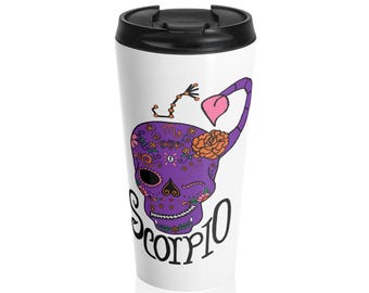 Caneca Térmica Caveira Mexicana Escorpião | Garrafa Térmica do Zodíaco Escorpião | Escorpião Roxo do Dia dos Mortos