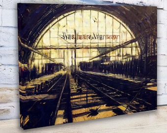 Impresión en lienzo de una estación de tren alemana - ENVÍO GRATIS / Óleo, acuarela y estilo gráfico fino / Tamaños: 8 x 12, 16 x 24, 24 x 36 con borde de 1.5"