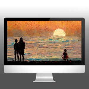 May include: A desktop computer displays an impressionistic painting of a sunset over water. Silhouetted figures stand on a beach, with a single figure seated nearby. The sky is a blend of orange and yellow hues.