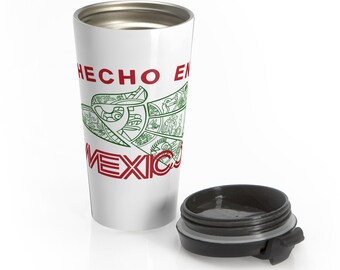 Hecho En Mexico Travel Mug | Aztec Serpent Artwork, Green Red Text