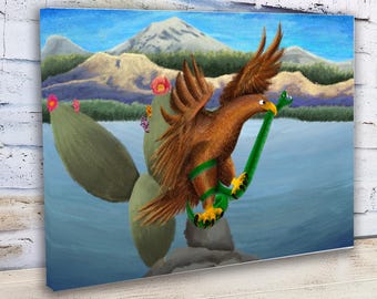 Águila real sobre cactus ENVÍO GRATIS / Óleo, acuarela y estilo gráfico fino / Tamaños 8x12, 16x24, 24x36 con borde de 1.5"