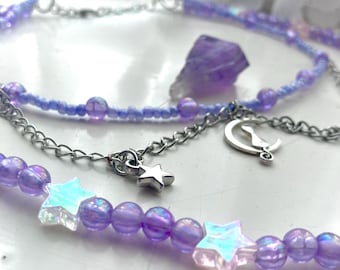 Purple Star Beaded Cat On Crescent Moon Gothic Chain Necklace