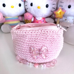 Porta-moedas Kawaii Rosa Crochê Feito à Mão com Pingente