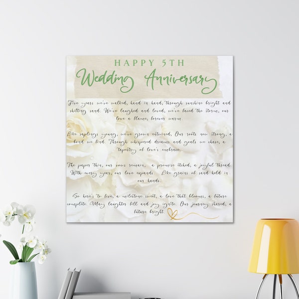 5th Wedding Anniversary Canvas Wall Art - Original Poem for Husband or Wife, White Roses Background